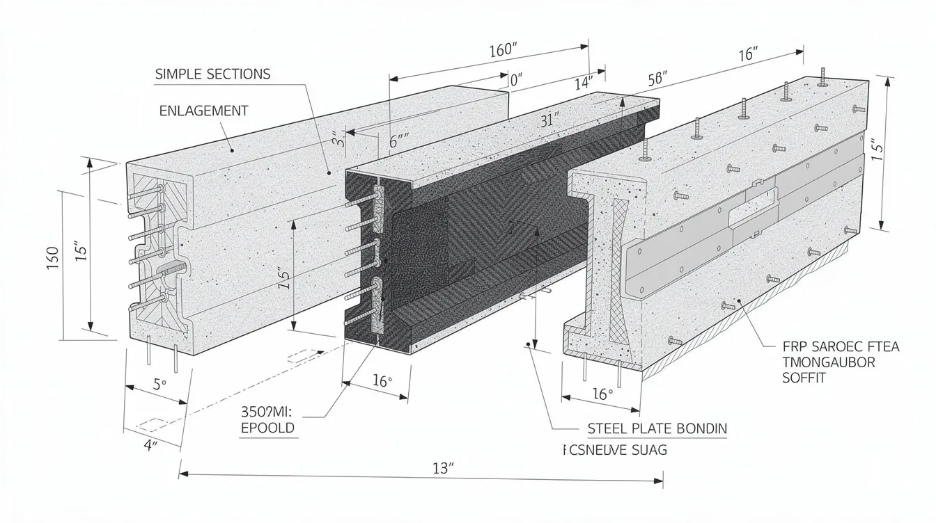 The image depicts three concrete beams positioned side by side, each showcasing different structural strengthening techniques: section enlargement, fiber reinforced polymer (FRP) wrapping, and steel plate bonding. This visual illustrates the various methods used to enhance the load carrying capacity and structural integrity of existing concrete structures.