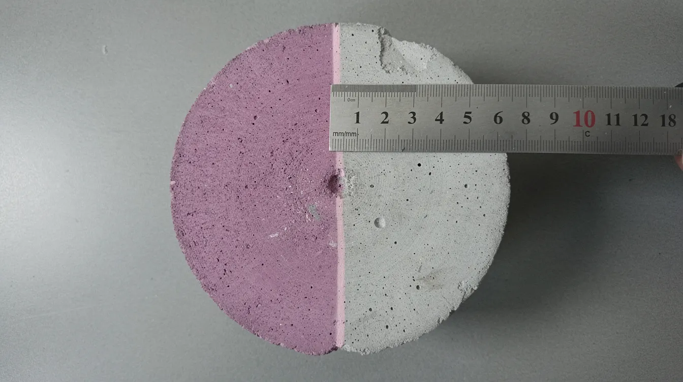 The image depicts a cross-section of a concrete core, highlighting a distinct pink-purple uncarbonated zone on one side and a colourless carbonated zone near the surface, with a ruler measuring the carbonation depth. This visual representation aids in assessing the concrete quality and the potential corrosion risk to the embedded reinforcement due to atmospheric carbon dioxide exposure.