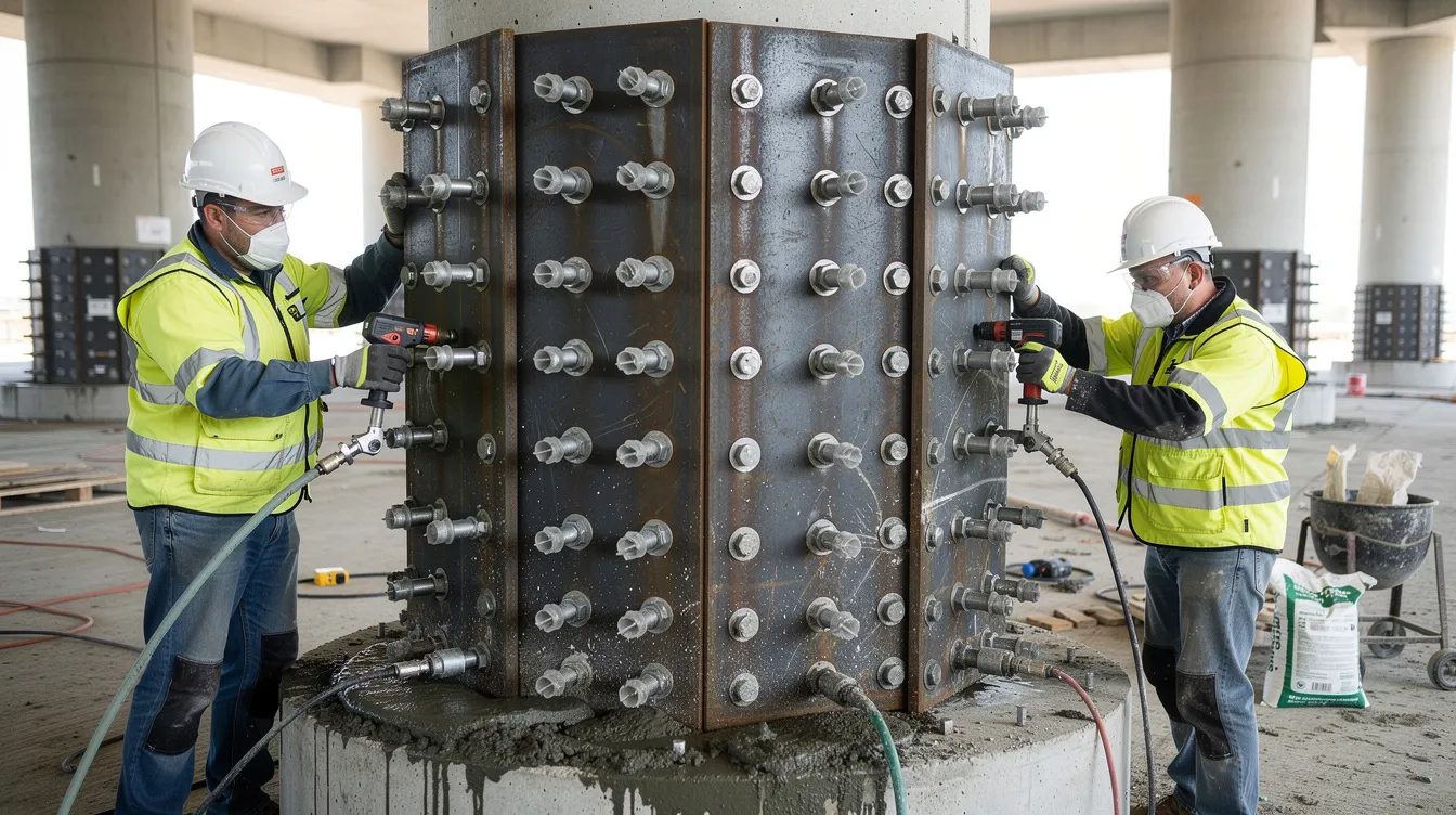 Workers are seen installing steel plates around a reinforced concrete column, with visible grout injection ports that enhance corrosion resistance. This process is part of a structural strengthening method aimed at improving the load-bearing capacity and overall structural performance of the existing column.