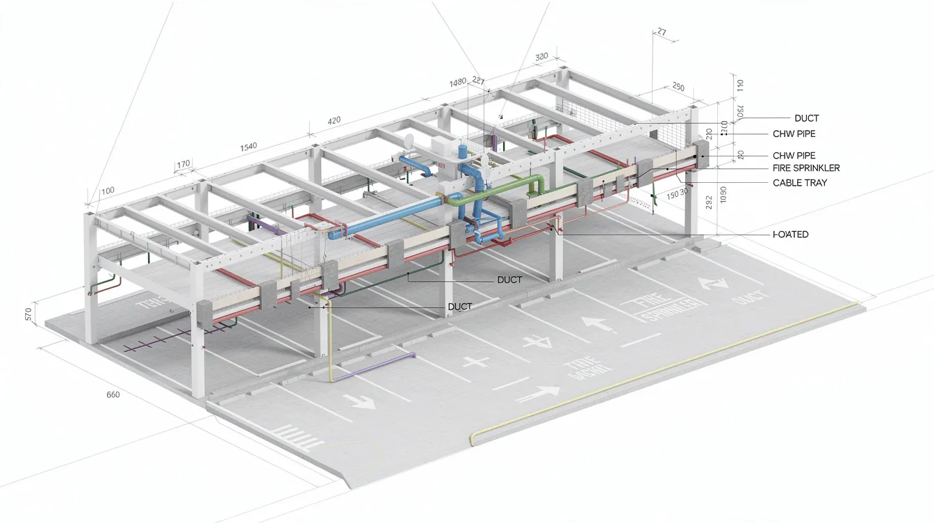 The image depicts an annotated 3D BIM view of side-jacketed beams along a carpark drive lane, showcasing structural strengthening techniques that utilize fiber reinforced polymer composites to enhance the load carrying capacity of existing structural elements. Relocated services are also illustrated, emphasizing the integration of structural repair methods in existing concrete structures.
