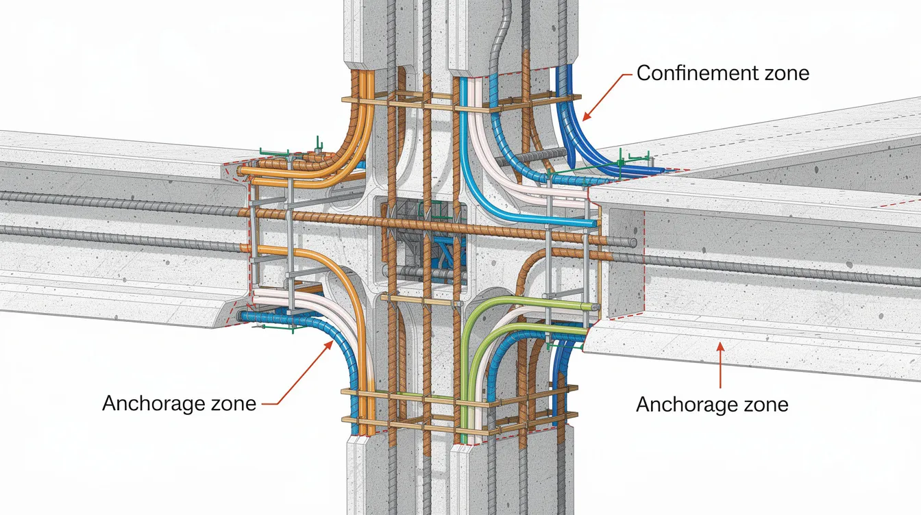 The image shows a close-up view of an enlarged beam-column joint region, highlighting the rebar that indicates confinement and anchorage zones crucial for structural strengthening in reinforced concrete. This detailed depiction emphasizes the importance of enhancing the load-carrying capacity and structural integrity of existing concrete structures through effective strengthening techniques.