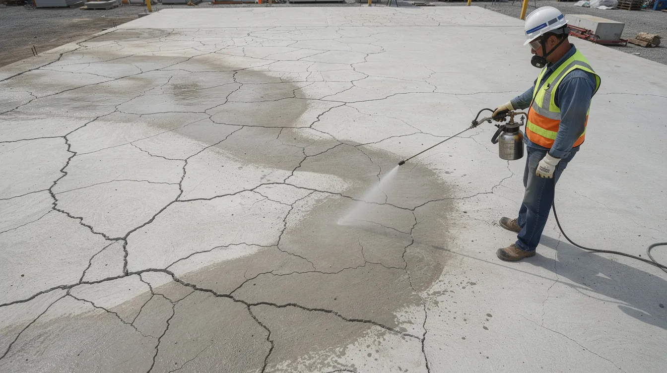 A worker is applying a lithium nitrate solution using a low-pressure spray onto a horizontal concrete surface that shows visible crack patterns, which may indicate the presence of alkali silica reaction (ASR). This application aims to mitigate ASR-related expansion and enhance the structural integrity of the concrete by addressing the detrimental effects of reactive aggregates.