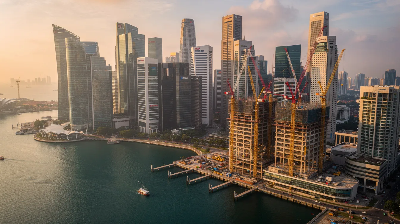 An aerial view of Singapore showcases a vibrant skyline filled with modern high-rise buildings, while construction cranes indicate ongoing infrastructure projects along the waterfront. This dynamic scene reflects the city's commitment to sustainable construction practices and the adoption of BIM services to enhance project efficiency and outcomes.