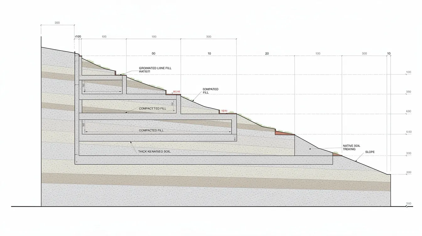 The image depicts a cross-section diagram of a sloped construction site, illustrating various platform levels along with retaining walls. This design serves as a crucial element in the project management process, ensuring compliance with engineering standards and facilitating client review and approval workflows.
