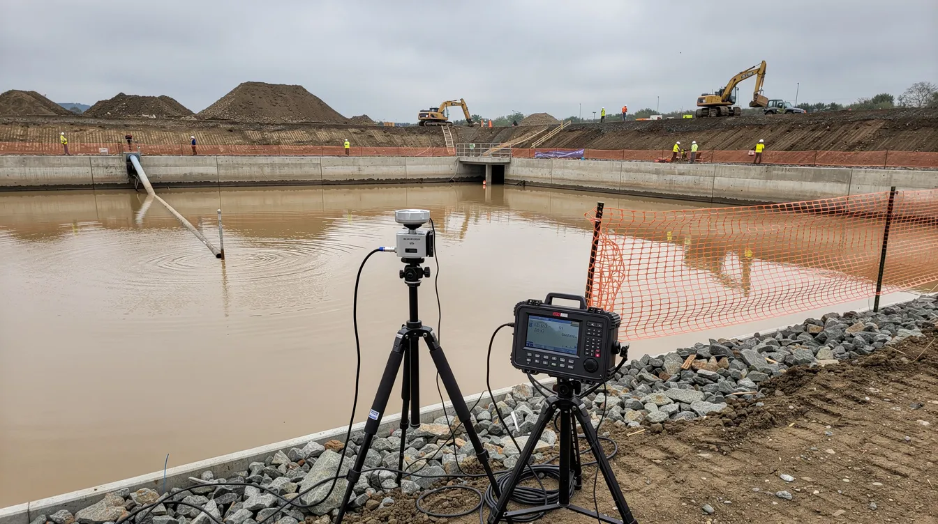 The image depicts a sedimentation pond equipped with turbidity monitoring equipment at a construction site, showcasing earth control measures designed to prevent silty discharge during heavy rain. This setup is essential for maintaining compliance with Singapore's drainage act and ensuring the effectiveness of sediment control during the northeast monsoon season.