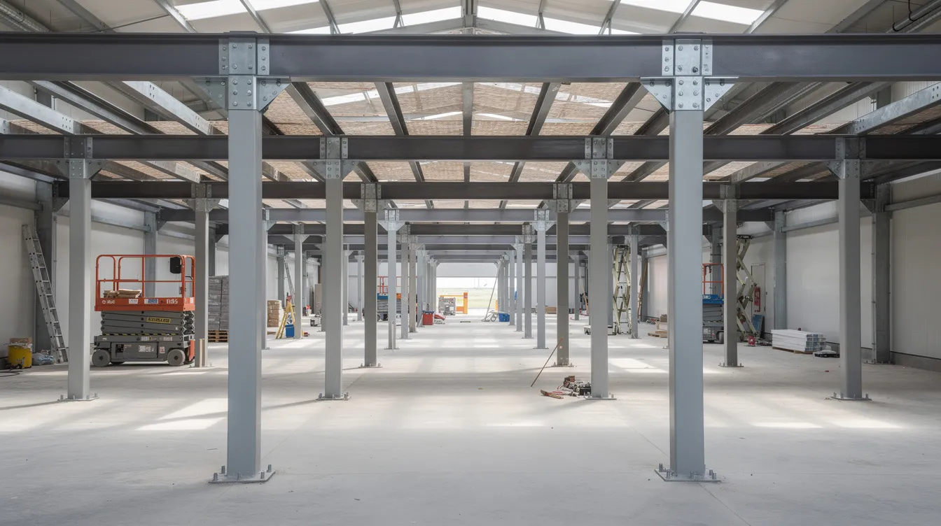 The image depicts a construction site showcasing a steel column grid and beam connections within an industrial mezzanine that is currently under construction. The scene highlights the structural engineering aspects of the project, emphasizing the importance of proper evaluation and connection details to ensure structural integrity and cost effectiveness throughout the construction process.