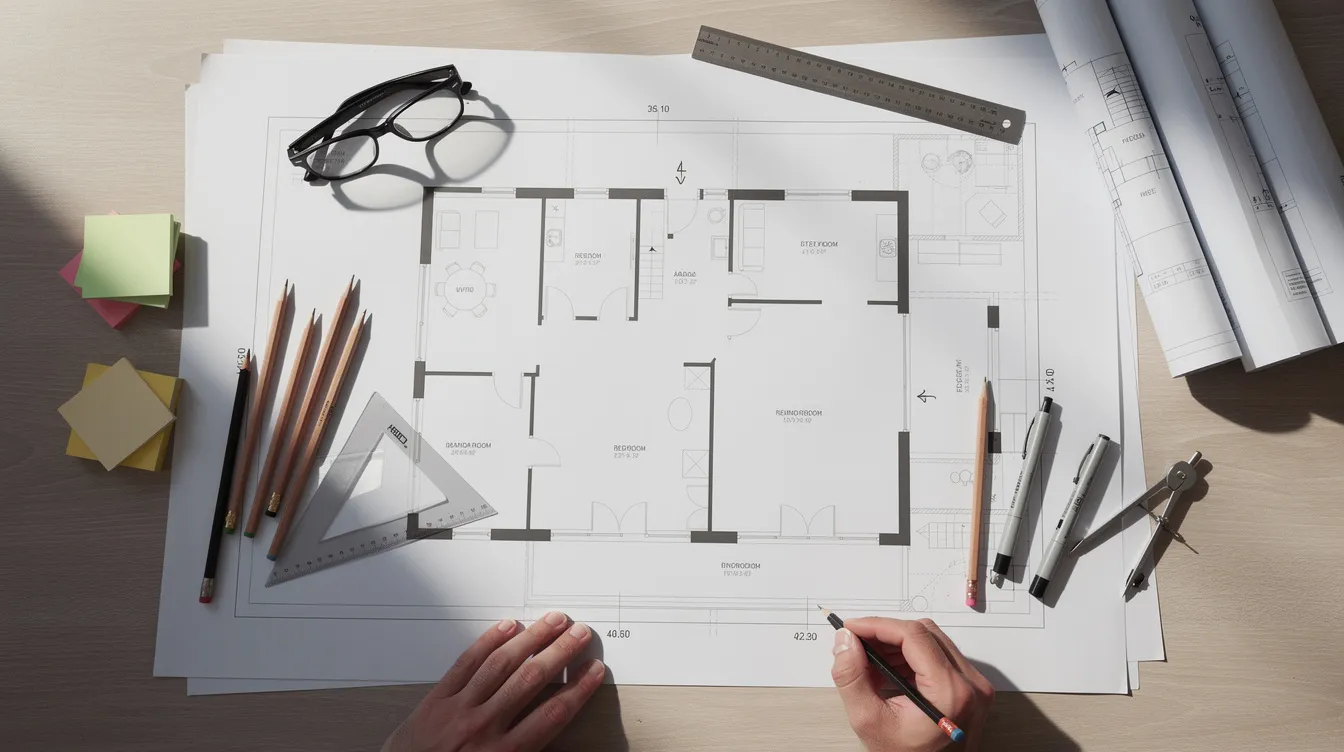 An office renovation floor plan is spread out on a desk, surrounded by architectural tools and printed drawings, as the project team reviews the submission for compliance with applicable fire safety requirements. The scene reflects the approval process, showcasing various stages of evaluation and the necessary documentation for final authorization.