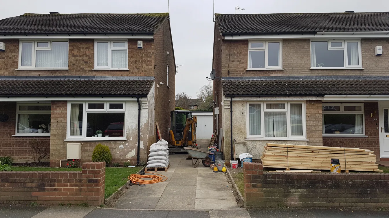 The image depicts the exterior of a semi-detached house, highlighting a narrow side passage between the adjoining properties, where construction equipment is visible. This scene may raise concerns for property owners regarding structural integrity and potential safety risks due to neighbouring construction activities.