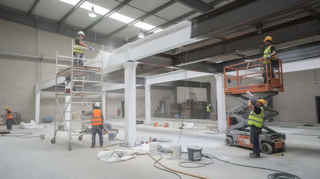 In the image, construction workers are applying intumescent fire coating to steel mezzanine beams within an industrial unit, highlighting the importance of fire safety and compliance with building regulations. This process is crucial for ensuring the structural integrity and fire resistance rating of the mezzanine floor, particularly in the context of Singapore's building control act and local regulations.