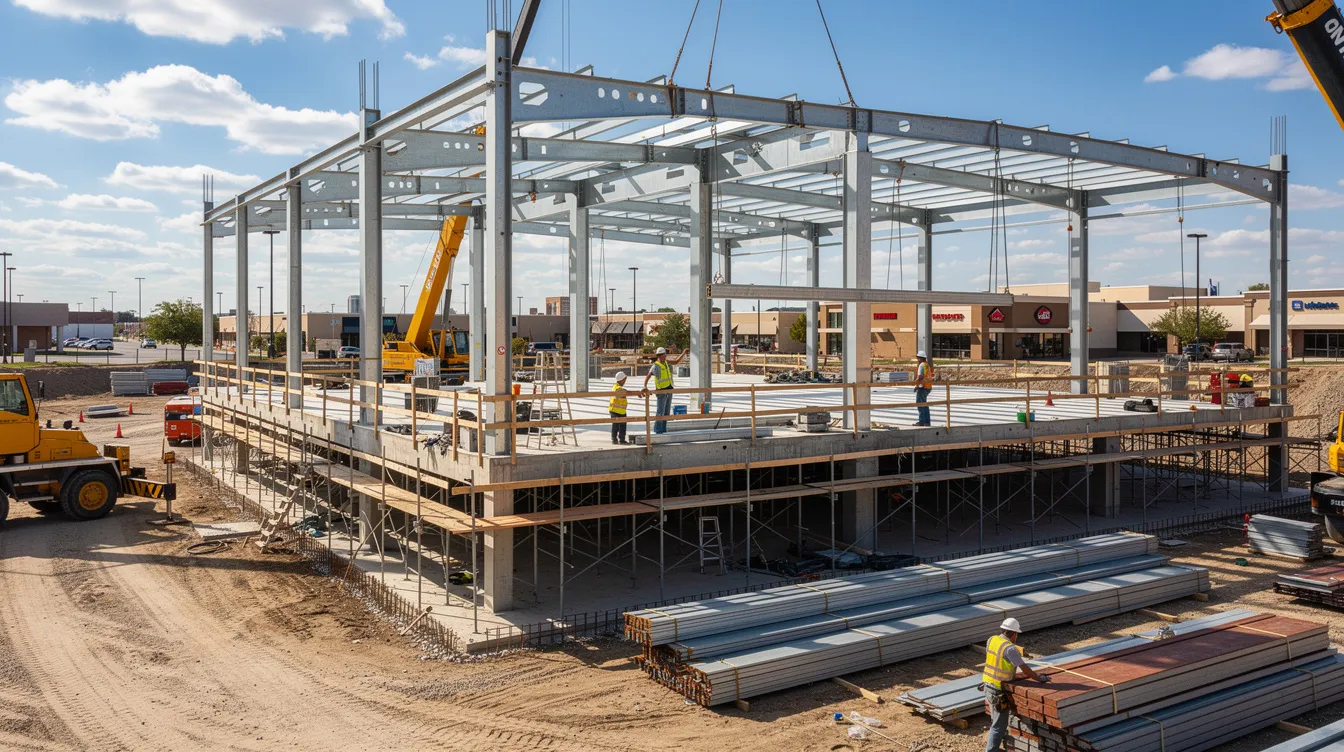 The image depicts a bustling construction site where a steel structural framework is being erected for a commercial building, highlighting the critical stages of construction that require regulatory compliance and BCA approval. Workers and heavy equipment are present, emphasizing the project's complexity and the importance of adhering to safety and building control regulations.
