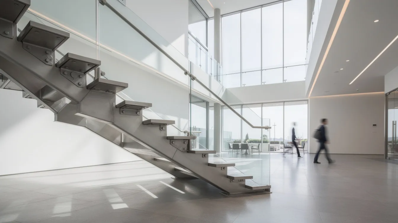The image depicts a steel staircase within a modern commercial building atrium, featuring sleek glass railings and visible structural connections that highlight the engineering design. This architectural element emphasizes structural safety and compliance with professional standards, showcasing the integration of aesthetic appeal and functional support in the project scope.
