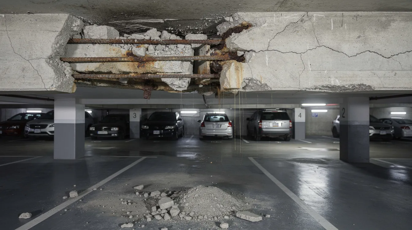 The image depicts an exposed concrete beam in a condominium basement carpark, showing signs of spalling and reinforcement corrosion, which may indicate compliance issues related to structural works. This visual inspection is crucial for building owners to address potential risks and ensure adherence to building control regulations.
