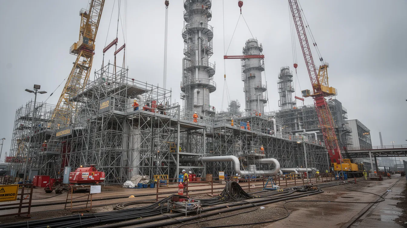 The image shows an industrial plant under major shutdown turnaround, featuring extensive scaffolding and cranes, highlighting the complexities of maintenance tasks and the importance of a risk management strategy to ensure workplace safety and regulatory compliance during such operations. This environment requires careful risk assessment and a structured approach to mitigate potential risks involved in the shutdown process.