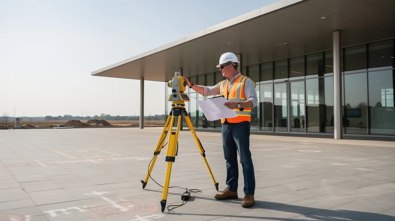 A professional engineer is conducting a site survey near an existing building, utilizing measuring equipment to assess the structural design of a steel canopy. This evaluation is part of the approval process to ensure compliance with regulatory requirements for the installation of the canopy.