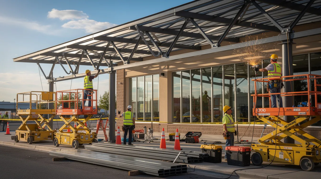 A group of construction workers is diligently installing steel bracing on an existing canopy structure, ensuring compliance with the approval process and regulatory requirements. The scene highlights the careful execution of building works to enhance the structural integrity of the steel canopy, essential for weather protection and safety.