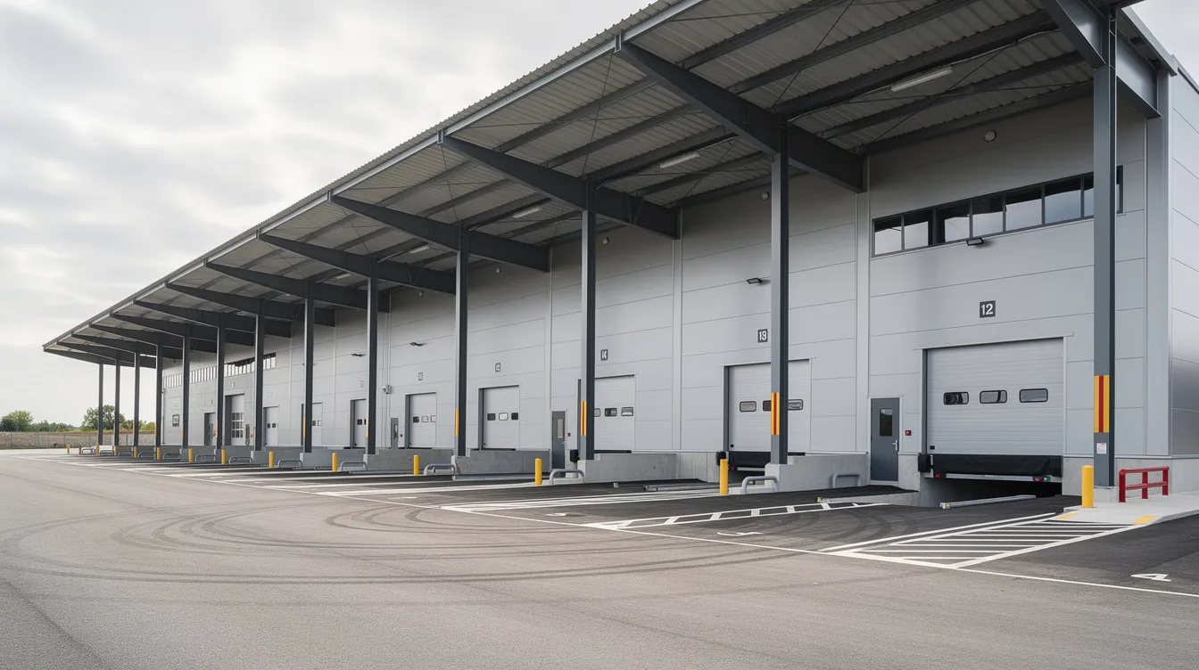 The image shows a wide-angle view of a building exterior featuring a steel canopy structure over a loading bay area, designed for weather protection. This installation reflects compliance with regulatory requirements and showcases the structural design necessary for complex projects.