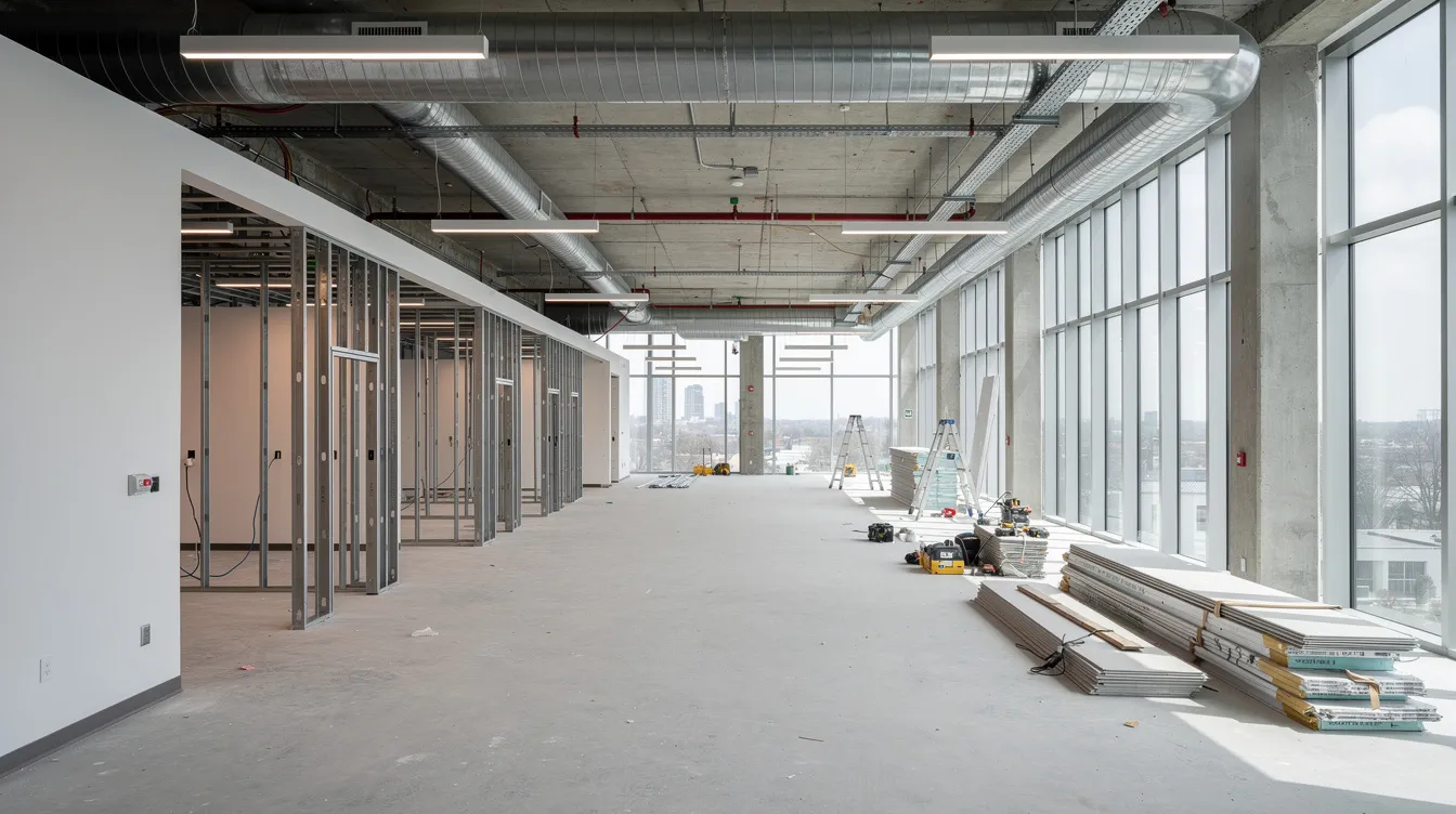 The image depicts a modern commercial office space under construction, showcasing exposed ceiling services and partially installed partitions. The scene reflects the ongoing work and technology involved in the building process, highlighting the efforts to meet the standards set by the building and construction authority.