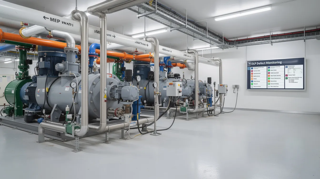 The image depicts a chilled water plant room filled with intricate piping and various equipment, showcasing MEP (Mechanical, Electrical, and Plumbing) systems that are subject to defects liability period (DLP) monitoring in commercial construction projects. This setting emphasizes the importance of quality workmanship and effective project management in ensuring compliance with contractual obligations.