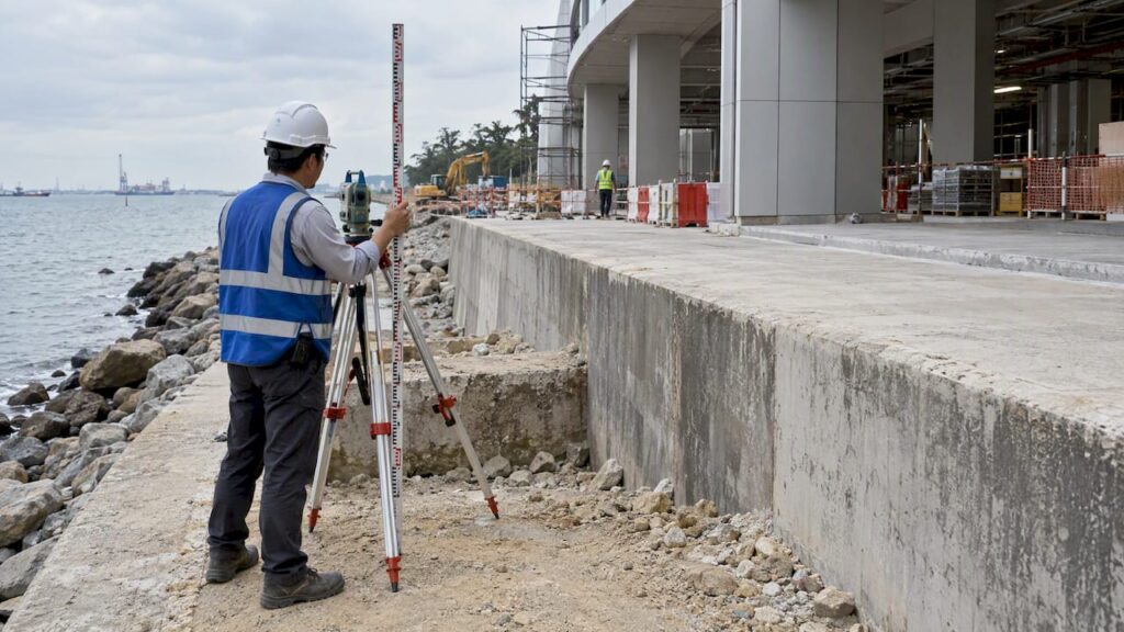Surveyor checking coastal platform level beside seawall