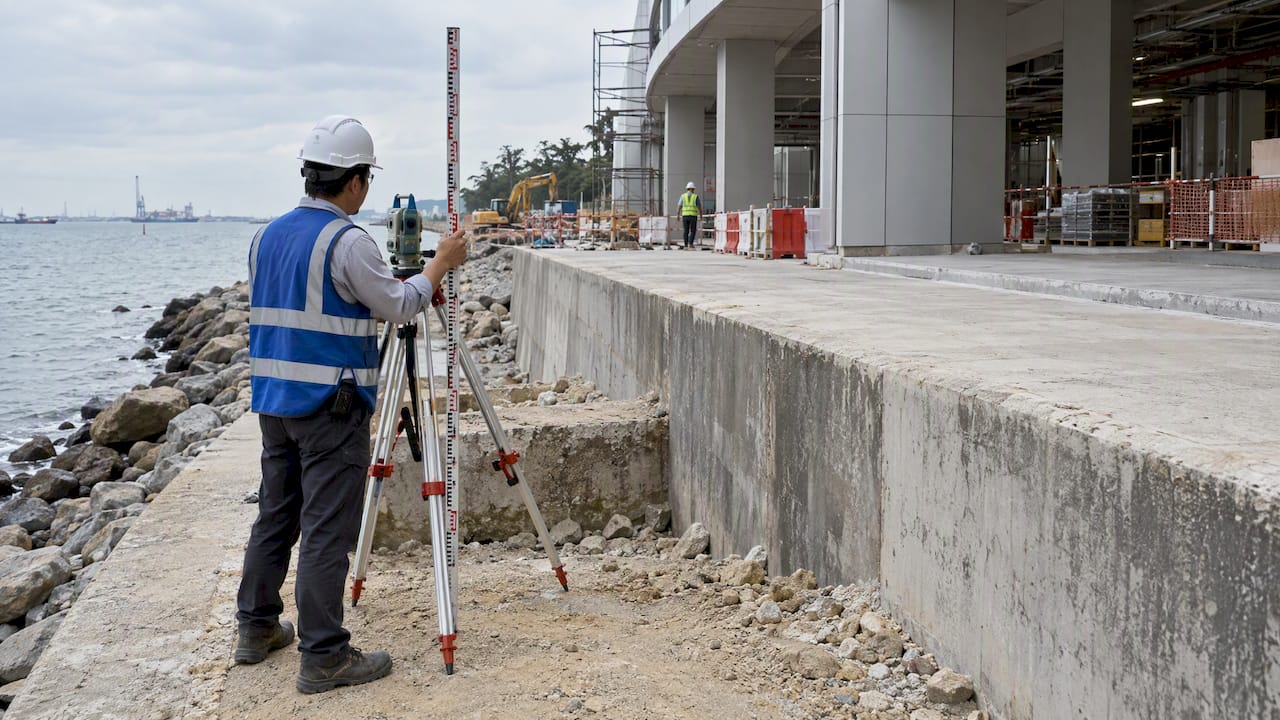 Surveyor checking coastal platform level beside seawall