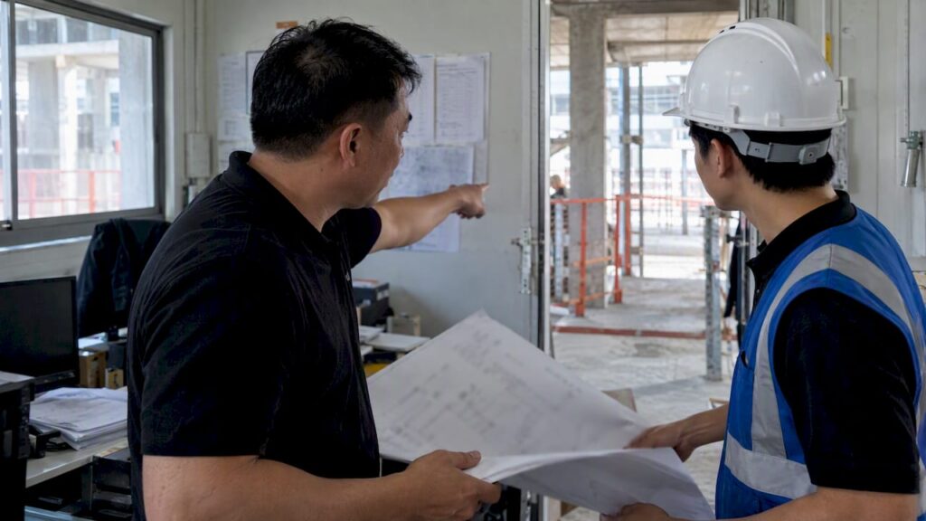 Engineers reviewing a construction design change