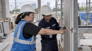 Construction team reviewing façade material sample