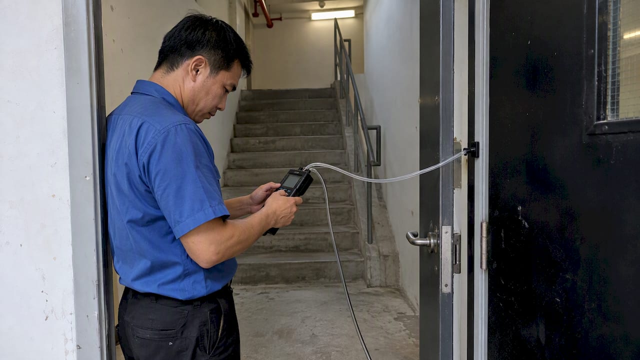 Engineer measuring stairwell pressure during test