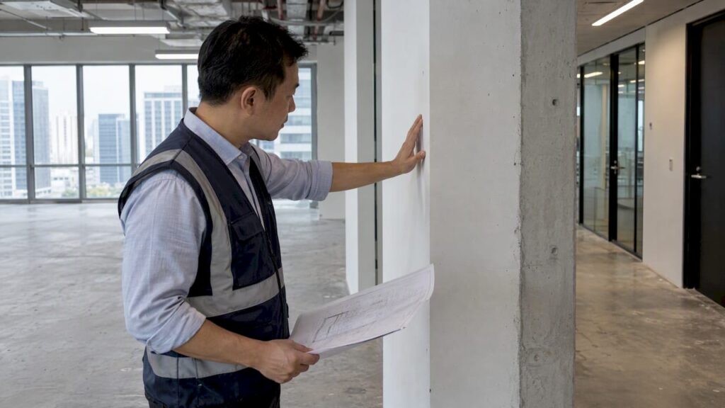 Engineer checking completed building against approved plans