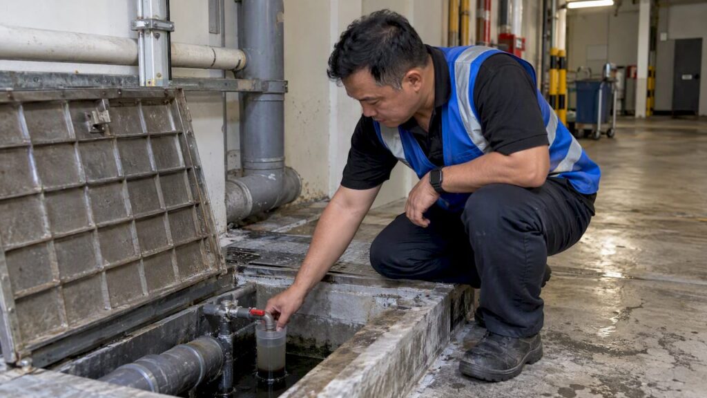 Engineer checking a trade effluent sampling point