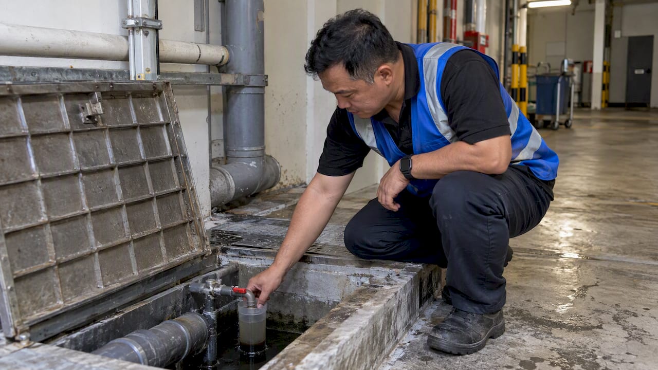Engineer checking a trade effluent sampling point