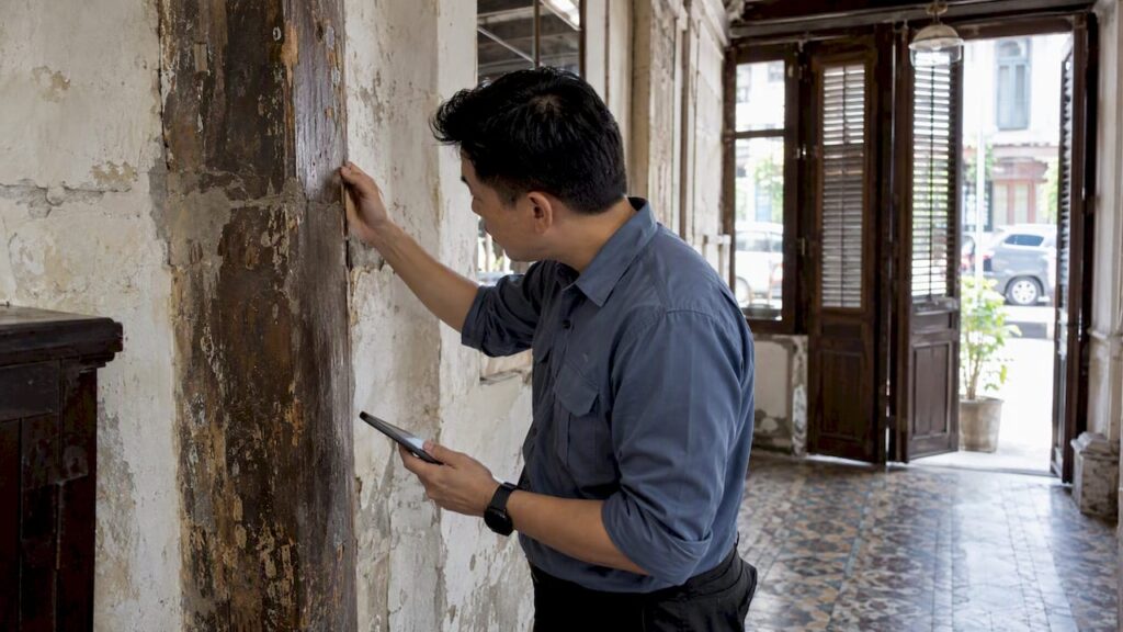 Engineer inspecting retained timber in conserved shophouse
