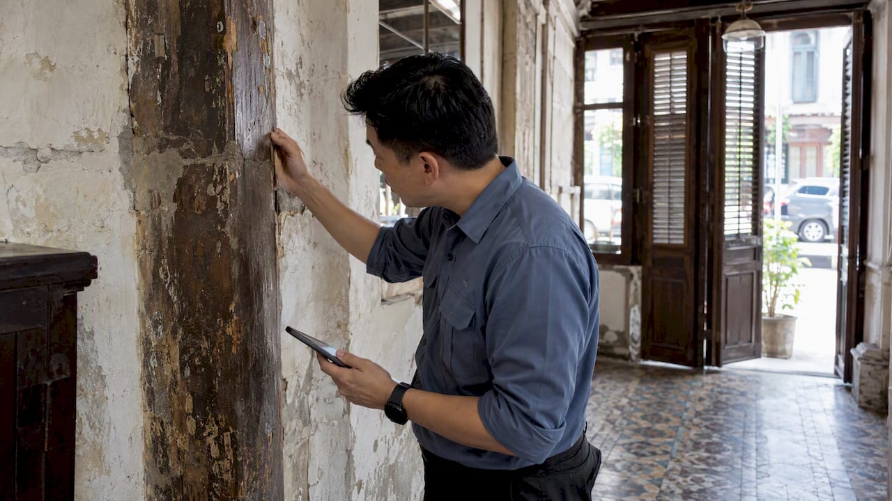 Engineer inspecting retained timber in conserved shophouse