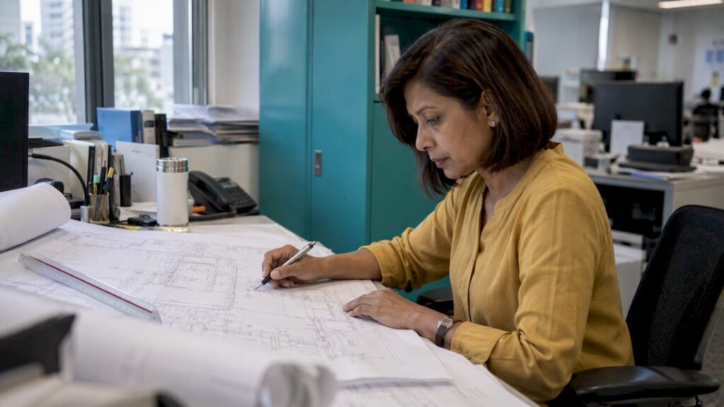 Accredited checker reviewing structural design drawings