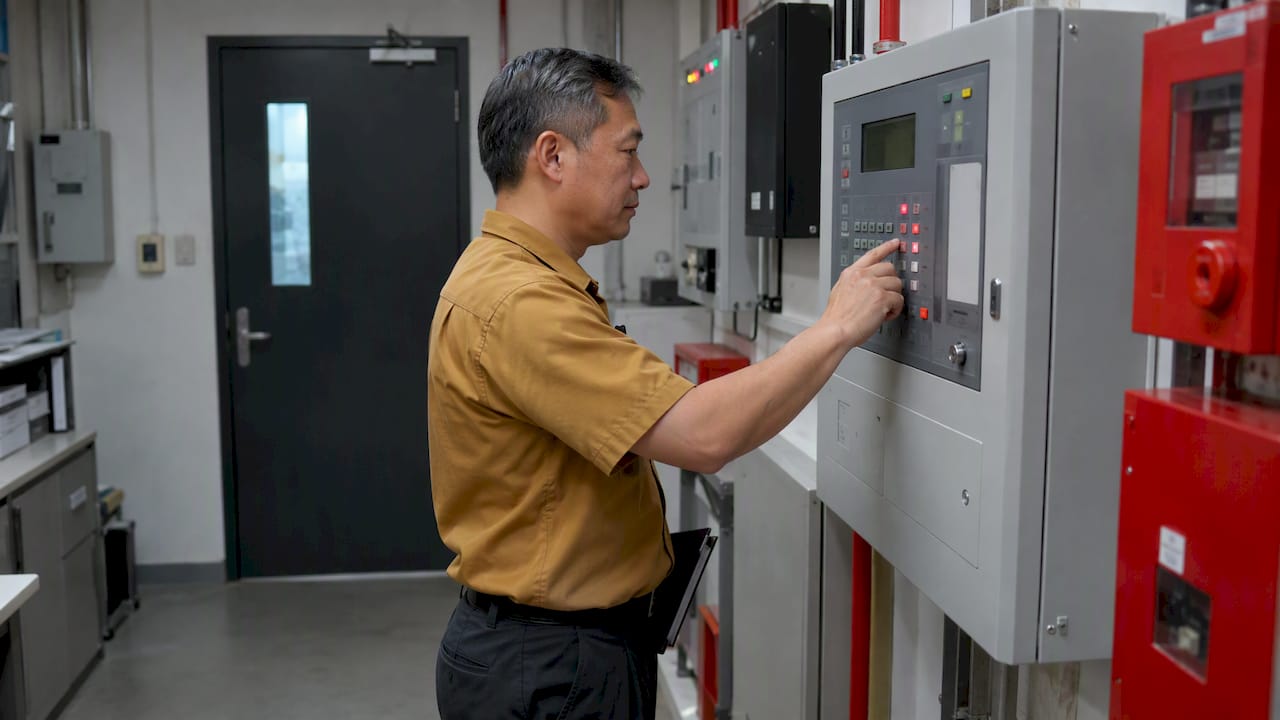 Technician checking a fire alarm control panel