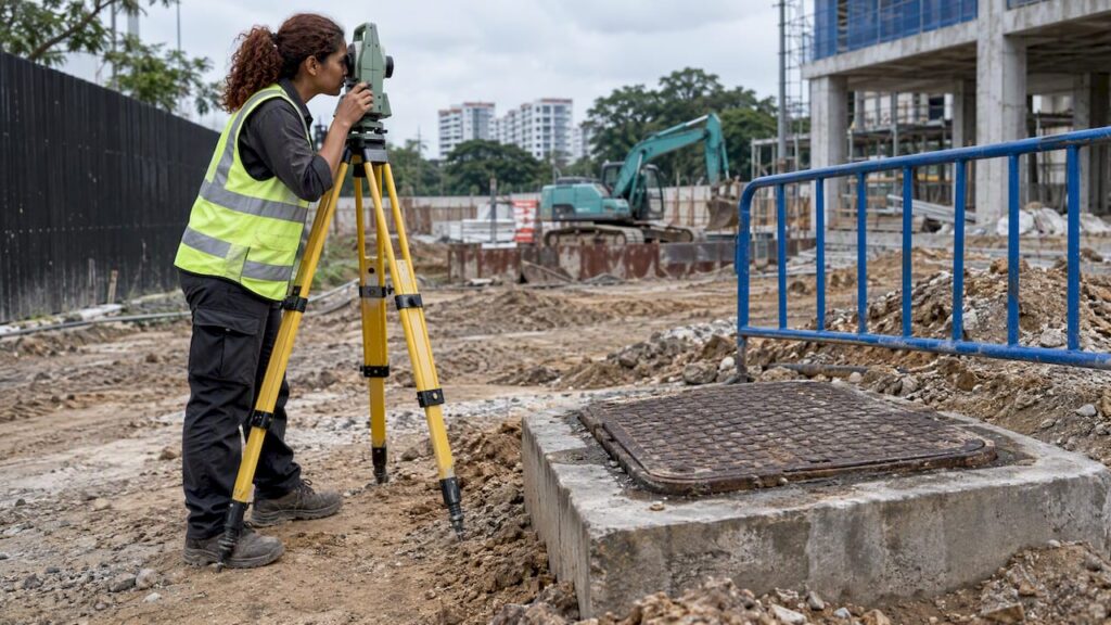 Surveyor checking a sewer access chamber