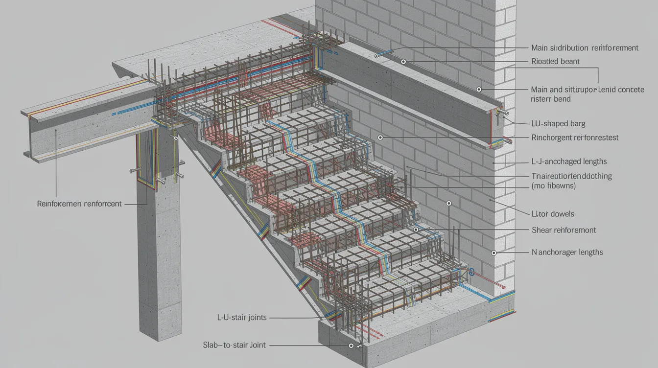 The image depicts a three-dimensional BIM model of a residential staircase, showcasing the detailed reinforcement layout and connection specifics to adjacent walls and beams, integral to staircase structural design and load calculations. This model emphasizes the importance of design specifications and effective depth in reinforced concrete stair design.