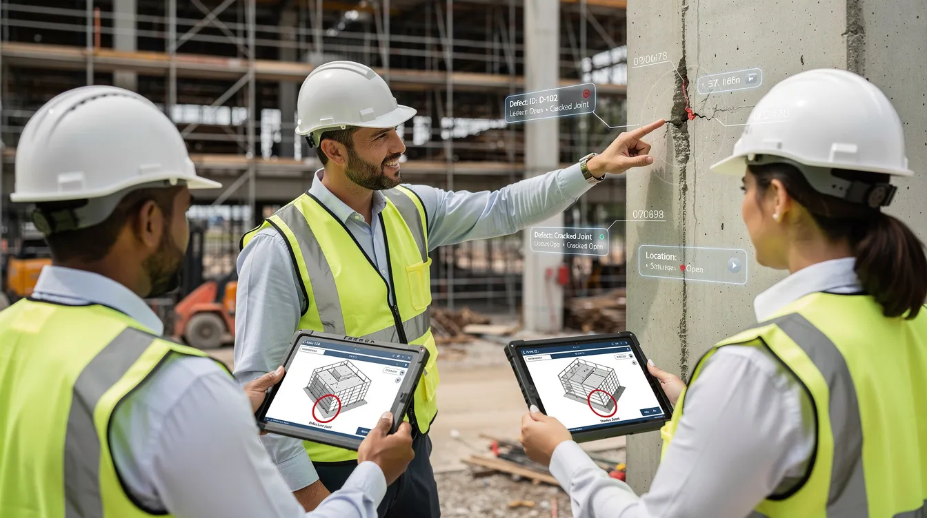 A group of professional engineers is on a construction site, using tablets to conduct a digital defect inspection, with a callout indicating the location of a defect logged in the BIM model. This process is essential for managing contractual obligations and ensuring quality throughout the project's defects liability period.