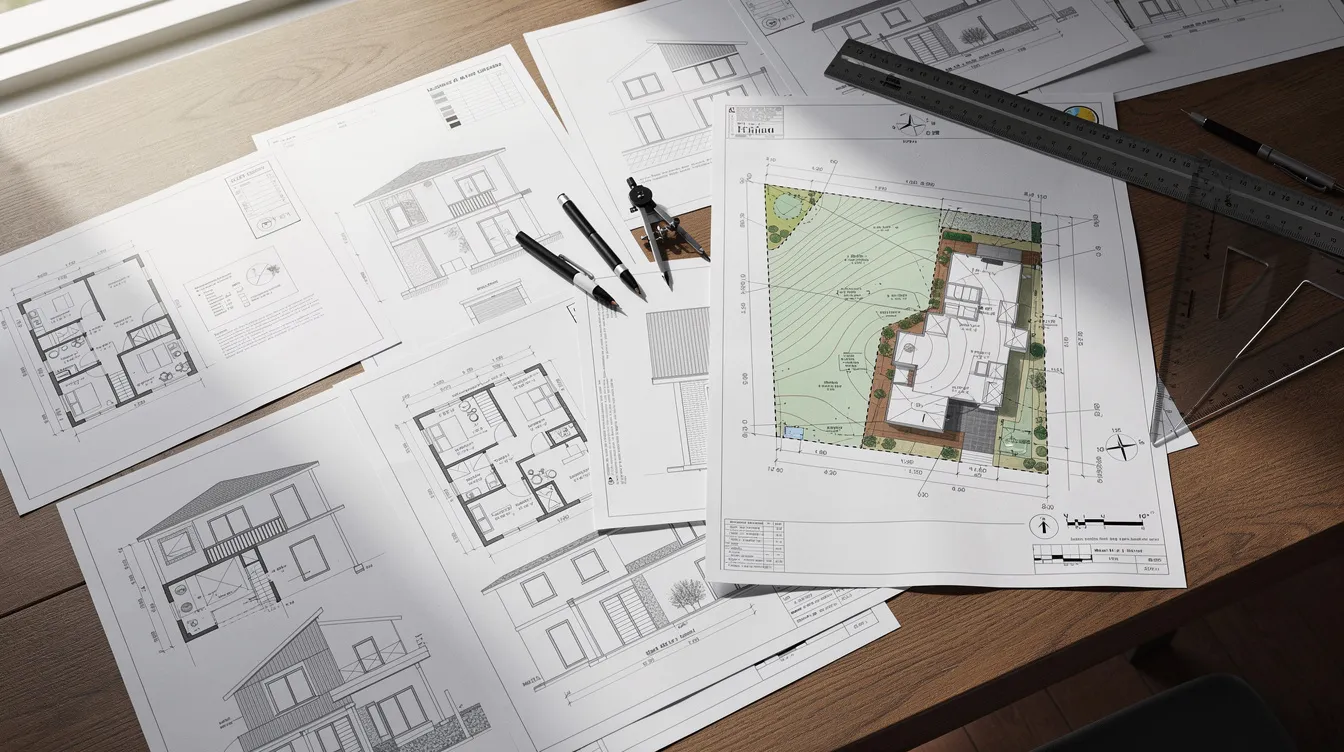 The image displays architectural blueprint documents and a site survey map spread across a desk, indicating the detailed structural plans and building plans necessary for compliance with Singapore's building control regulations. This setup suggests preparation for building plan submissions, which are essential for obtaining approvals from the Building and Construction Authority (BCA) before construction begins.