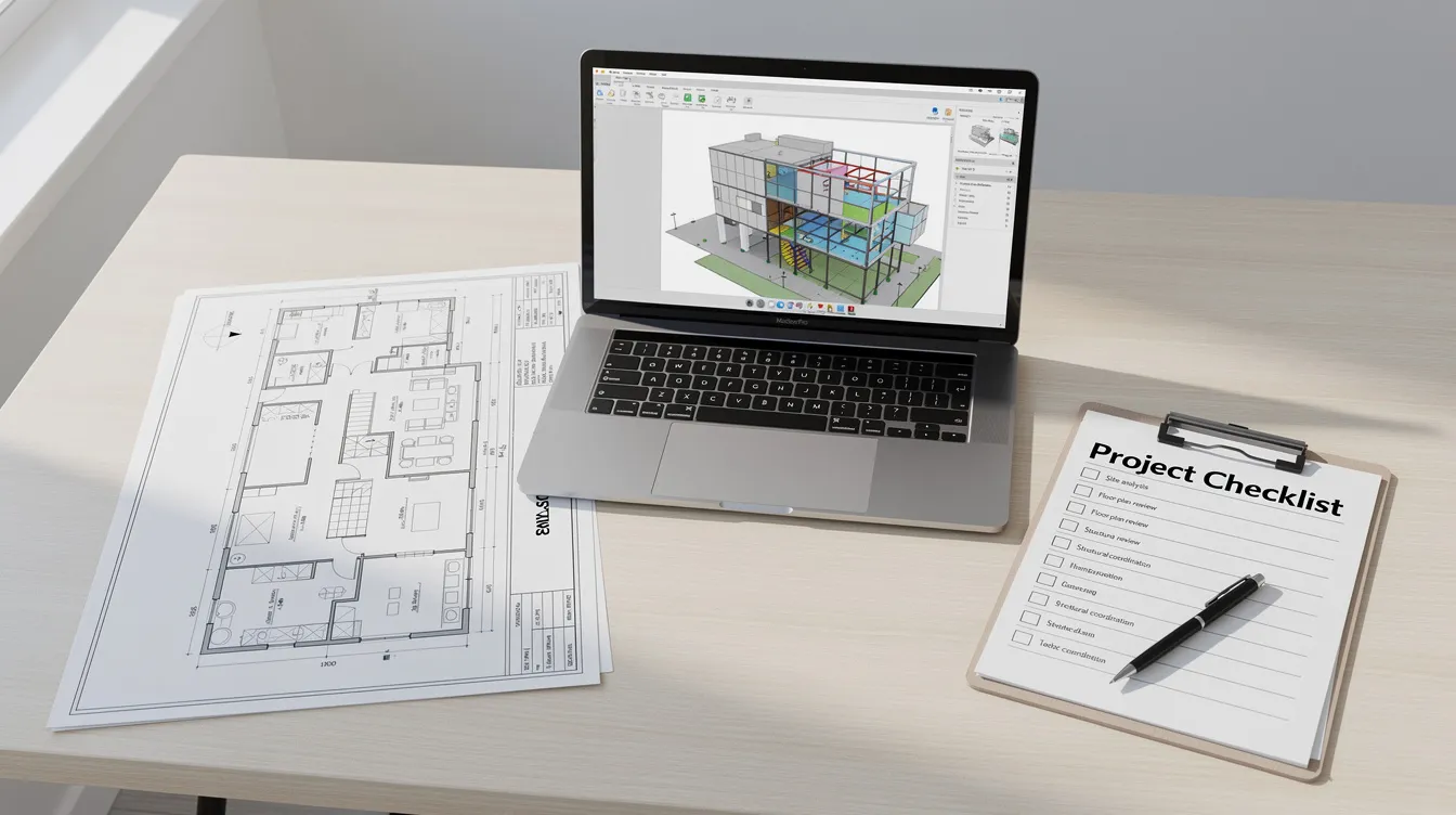 The image depicts a clean workspace featuring architectural floor plans, a laptop displaying a BIM model, and a checklist document on a desk, emphasizing the importance of clear communication and managing project timelines in the construction process for a house rebuild. Natural light illuminates the space, highlighting the focus on quality work and essential details for ensuring compliance and avoiding hidden costs.