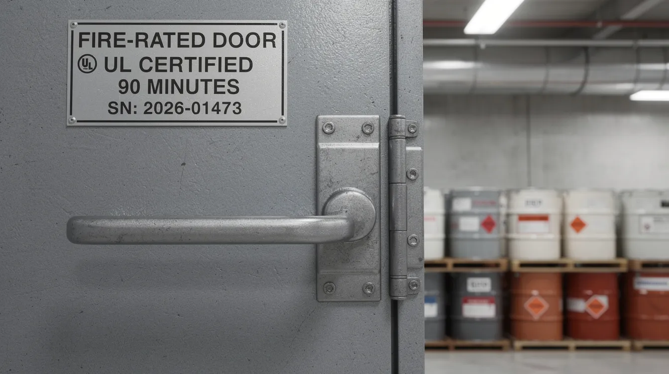The image shows a close-up of a fire-rated door in an industrial chemical storage area, prominently featuring a certification label indicating compliance with fire safety regulations. This label signifies that the door meets the necessary standards for fire safety, crucial for protecting occupants and ensuring adherence to the fire safety certificate application process.