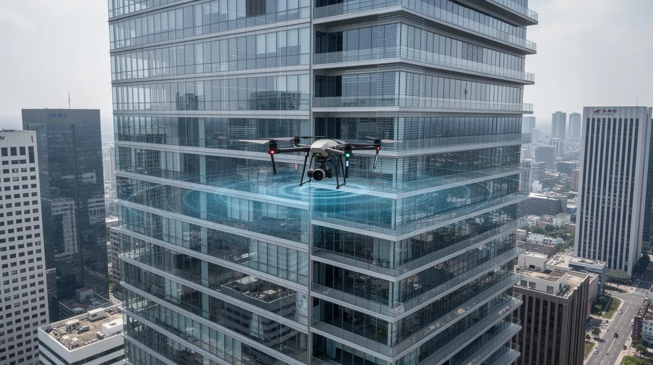 An aerial drone view showcases a commercial tower during a facade inspection, highlighting the building's external walls and structural elements. This periodic facade inspection is crucial for building owners to ensure public safety and compliance with the building control act, as it detects potential facade defects and structural issues.