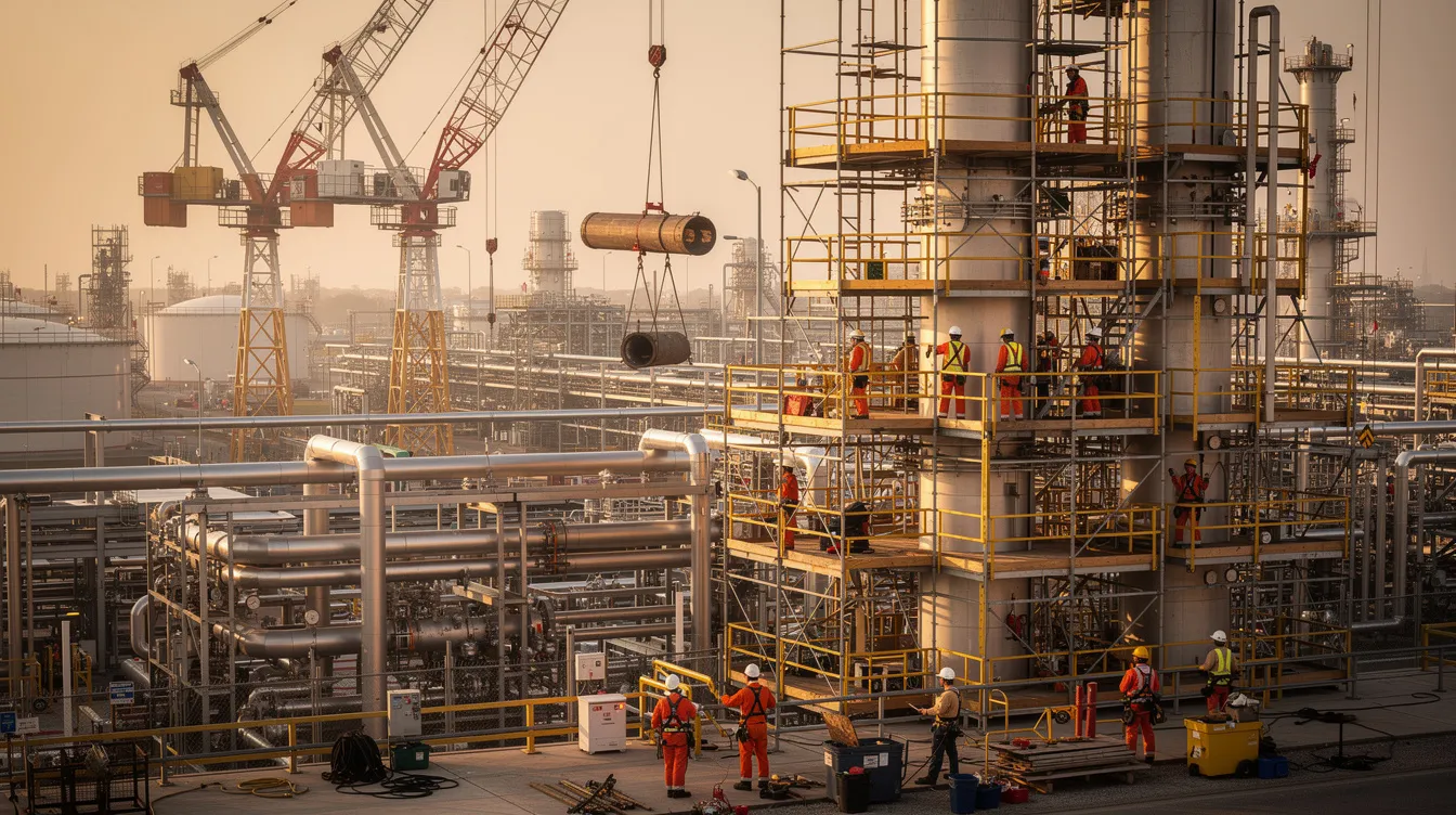 The image depicts a refinery turnaround scene with multiple cranes and scaffolding, where workers are coordinating at height, emphasizing the complexity of tasks involved in maintenance and shutdown risk management. This environment highlights the importance of a structured risk management strategy to ensure workplace safety and regulatory compliance during such operations.
