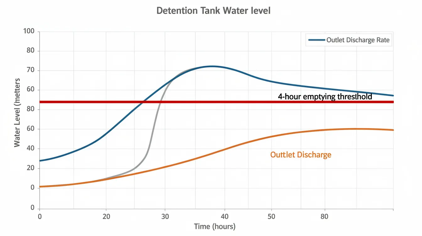 The image depicts a graph illustrating the water level of detention tanks over time, with a clearly marked four-hour emptying threshold and an overlaid curve representing the outlet discharge rate. This visual aids in understanding the drainage design and management of stormwater detention in accordance with Singapore's public drainage system standards.