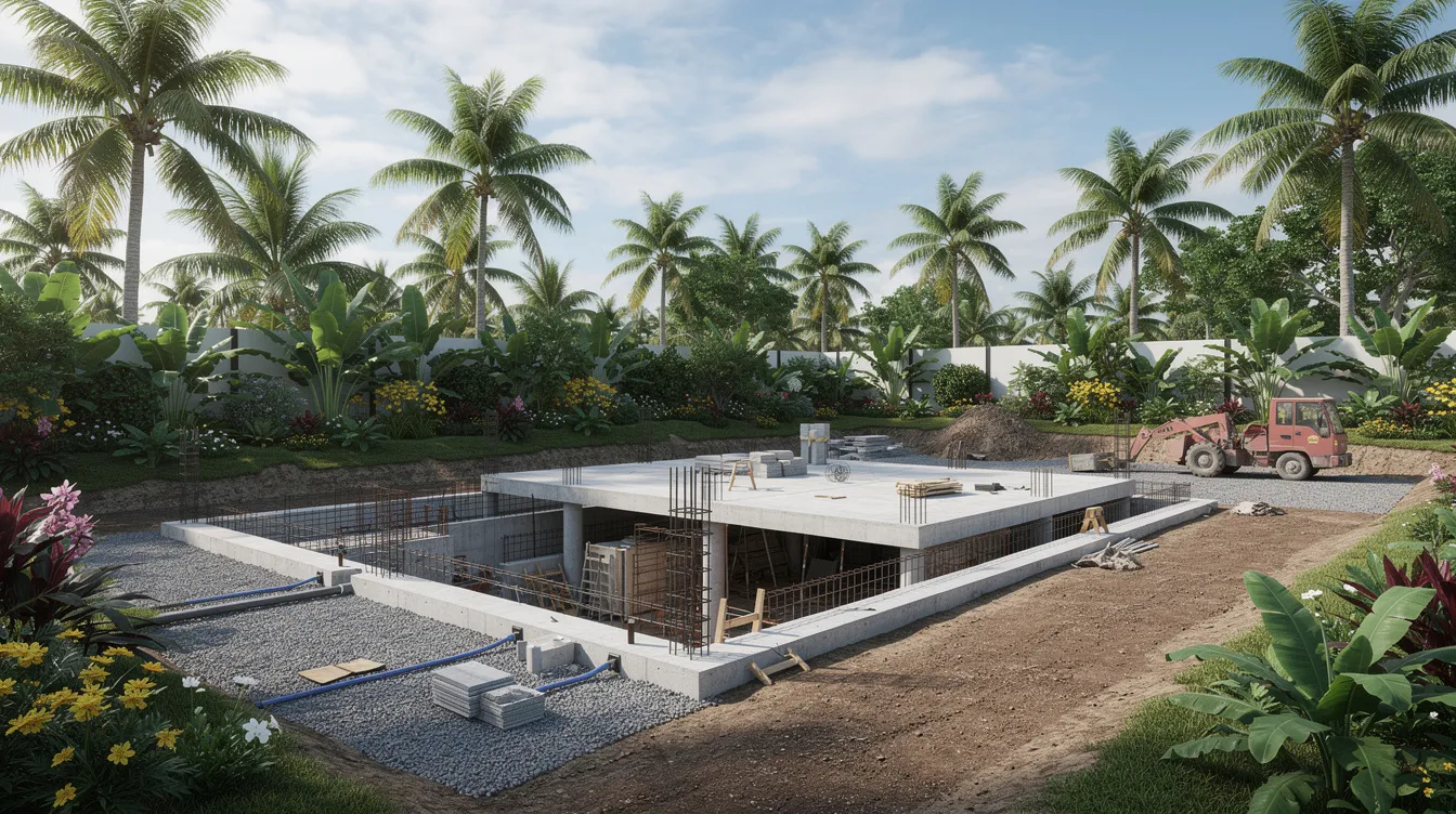 The image depicts a construction site of a luxury residential property, showcasing visible foundation works alongside tropical landscaping that surrounds the perimeter. Key structural elements are being developed in accordance with Singapore's building control regulations, emphasizing the importance of structural integrity and compliance with approved plans.