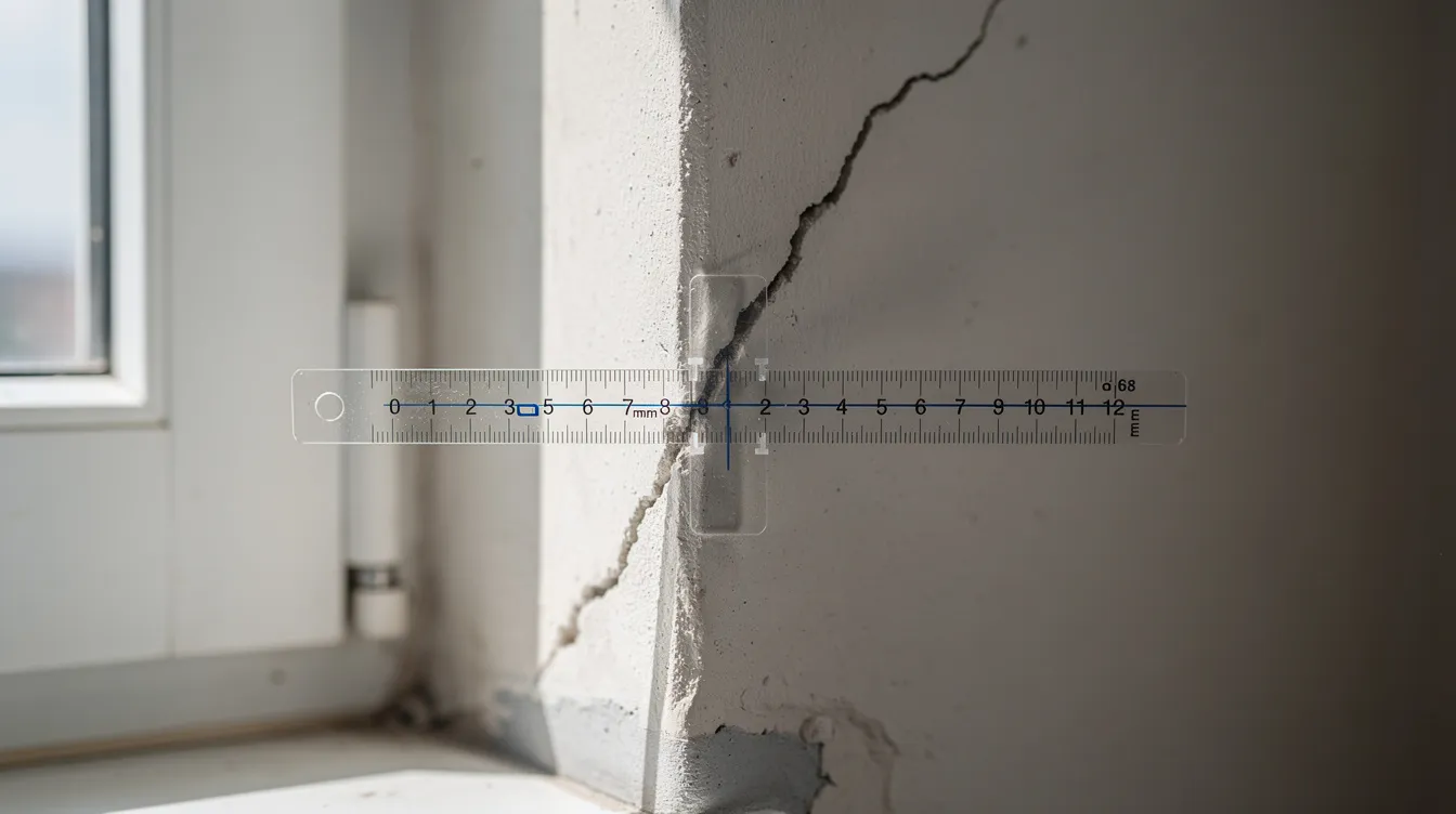 The image shows a close-up of a crack gauge positioned against a diagonal crack near a window corner, with a measurement scale clearly visible. This visual inspection is part of a periodic structural inspection process to assess the structural integrity of the building and identify any potential structural defects.