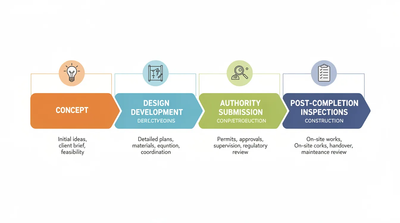 The image is a labeled diagram illustrating the stages of an architectural project, including concept development, design refinement, authority submission, construction, and post-completion inspections. This visual representation highlights the workflow of architecture and design firms, showcasing the systematic approach taken by architects and designers in transforming ideas into sustainable structures.