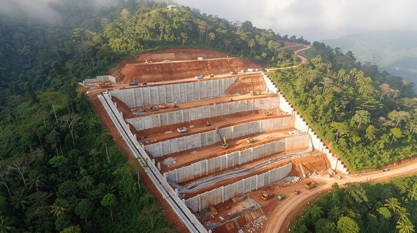 An aerial view showcases a hillside infrastructure project featuring retaining walls and drainage channels designed for erosion control in a tropical setting. This civil engineering project emphasizes slope stability and incorporates geotechnical engineering services to ensure long-lasting stability and compliance with regulatory requirements.