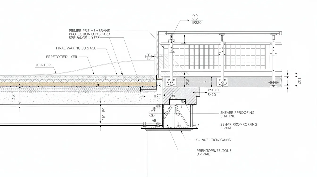 The image is a cross-section diagram illustrating the structural beam connections, guardrail details, and waterproofing layers of an elevated pedestrian walkway. Key structural elements are highlighted, showcasing compliance with building control regulations and the importance of detailed structural plans for safe pedestrian access.