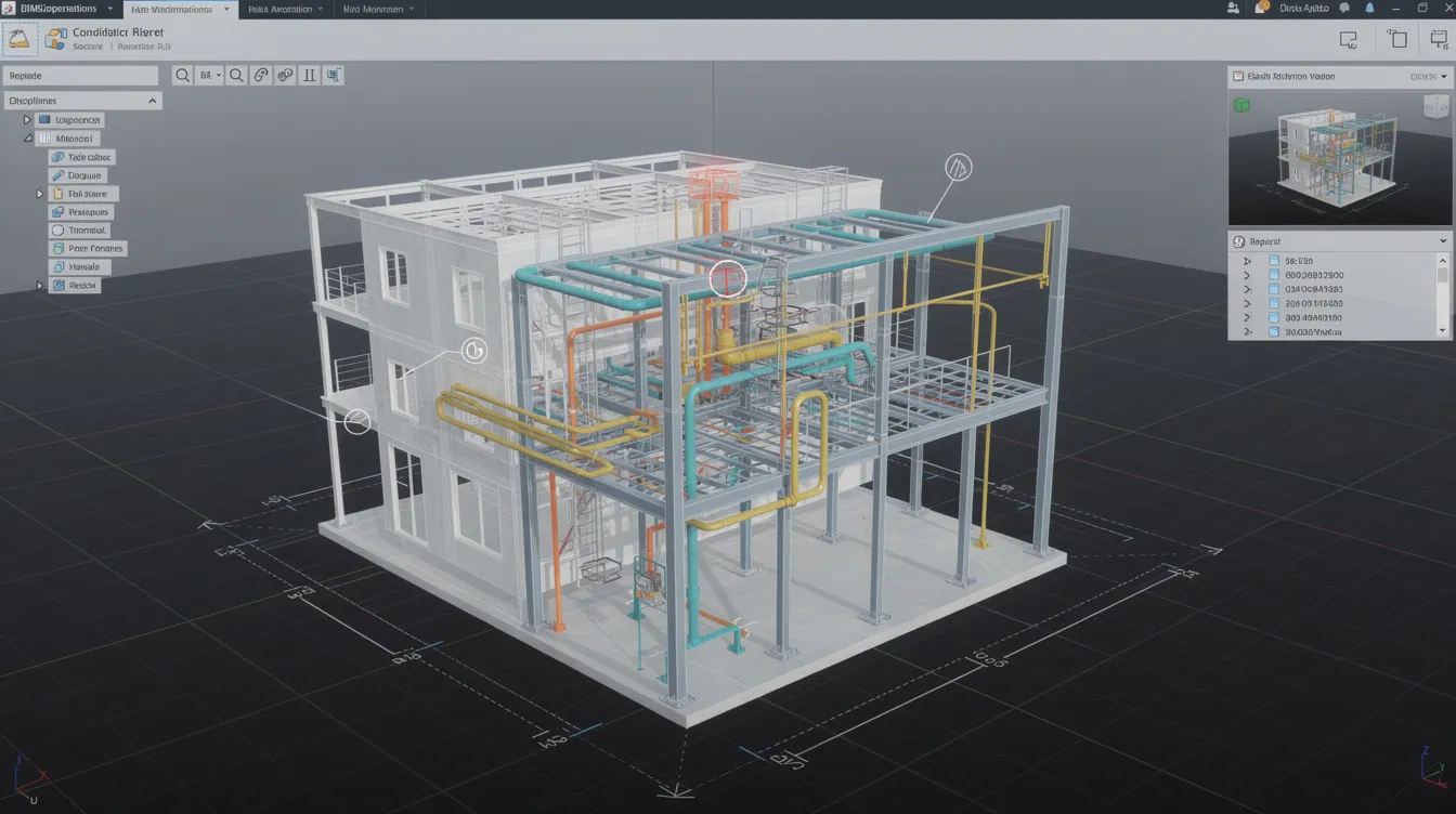 The image depicts a digital architectural model coordination scene, showcasing various building disciplines working together in the AEC industry. It highlights the use of BIM services and software solutions to enhance collaboration among architects, engineers, and other professionals, ensuring accurate BIM models and efficient workflows throughout the project lifecycle.