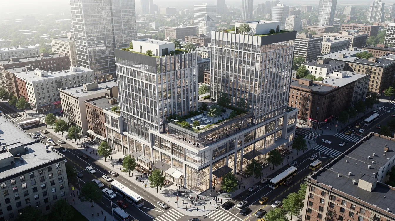 An aerial view of a mixed-use development showcases a combination of office floors and a retail podium, situated in a densely populated urban area. This image highlights the structural elements of the building, which may require periodic structural inspection (PSI) to ensure compliance with Singapore's building control regulations and maintain public safety.